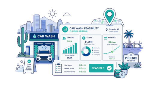 Car Wash planning illustration for Phoenix with a map pin and feasibility dashboard