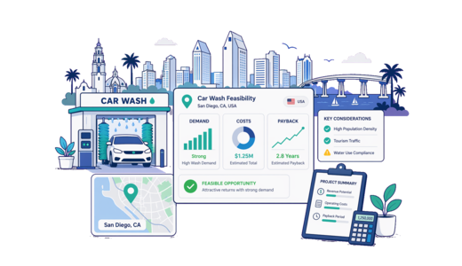 Car Wash planning illustration for San Diego with a map pin and feasibility dashboard