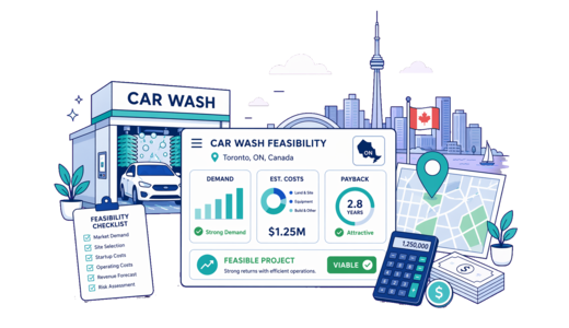 Car Wash planning illustration for Toronto with a map pin and feasibility dashboard