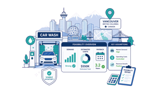Car Wash planning illustration for Vancouver with a map pin and feasibility dashboard
