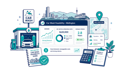 Car Wash planning illustration for Wellington with a map pin and feasibility dashboard