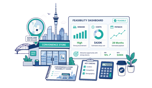 Convenience Store planning illustration for Auckland with a map pin and feasibility dashboard