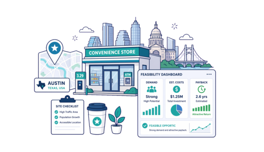 Convenience Store planning illustration for Austin with a map pin and feasibility dashboard