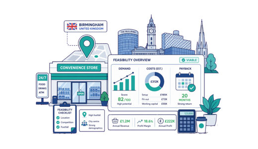 Convenience Store planning illustration for Birmingham with a map pin and feasibility dashboard
