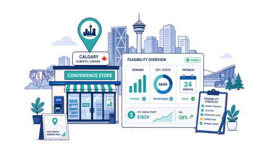 Convenience Store planning illustration for Calgary with a map pin and feasibility dashboard