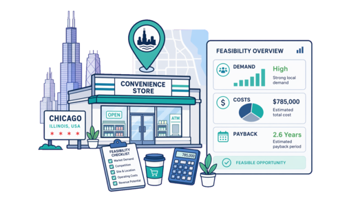 Convenience Store planning illustration for Chicago with a map pin and feasibility dashboard