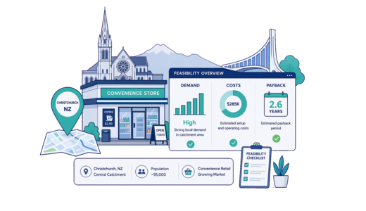Convenience Store planning illustration for Christchurch with a map pin and feasibility dashboard