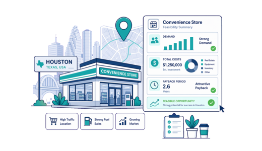 Convenience Store planning illustration for Houston with a map pin and feasibility dashboard