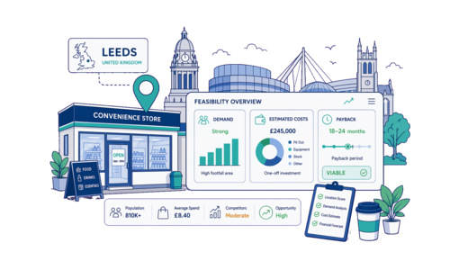 Convenience Store planning illustration for Leeds with a map pin and feasibility dashboard