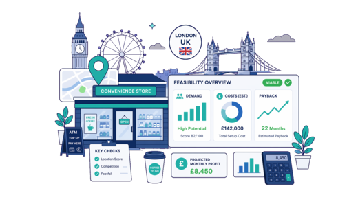 Convenience Store planning illustration for London with a map pin and feasibility dashboard