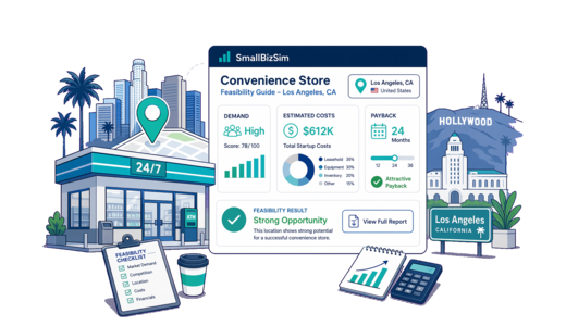 Convenience Store planning illustration for Los Angeles with a map pin and feasibility dashboard