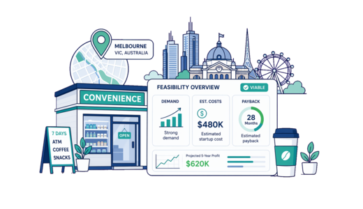 Convenience Store planning illustration for Melbourne with a map pin and feasibility dashboard