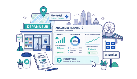 Convenience Store planning illustration for Montreal with a map pin and feasibility dashboard