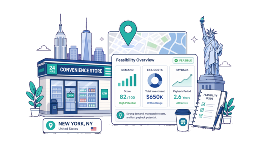 Convenience Store planning illustration for New York with a map pin and feasibility dashboard