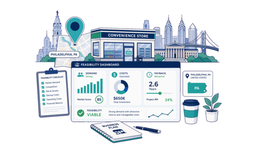 Convenience Store planning illustration for Philadelphia with a map pin and feasibility dashboard
