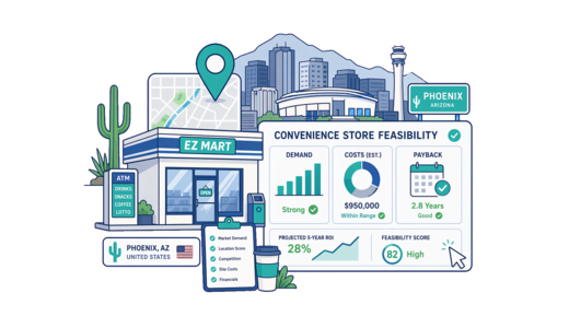Convenience Store planning illustration for Phoenix with a map pin and feasibility dashboard