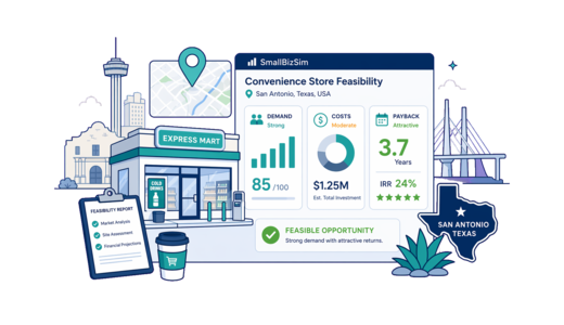 Convenience Store planning illustration for San Antonio with a map pin and feasibility dashboard