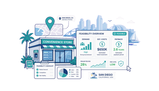 Convenience Store planning illustration for San Diego with a map pin and feasibility dashboard