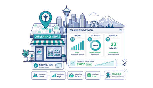 Convenience Store planning illustration for Seattle with a map pin and feasibility dashboard