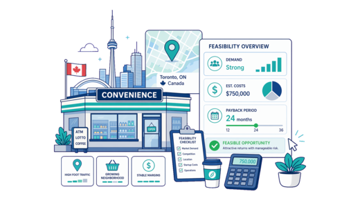 Convenience Store planning illustration for Toronto with a map pin and feasibility dashboard