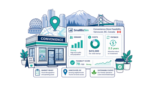 Convenience Store planning illustration for Vancouver with a map pin and feasibility dashboard