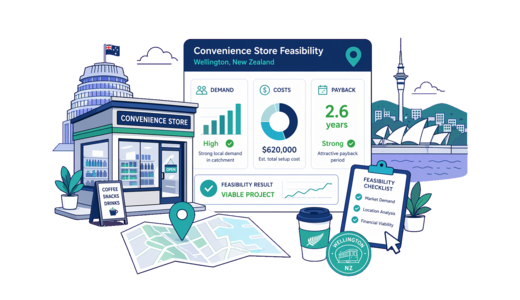Convenience Store planning illustration for Wellington with a map pin and feasibility dashboard
