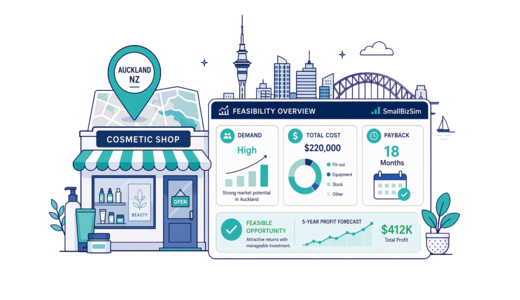Cosmetic / Beauty Shop planning illustration for Auckland with a map pin and feasibility dashboard