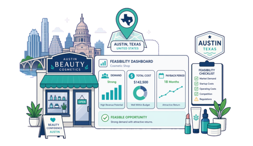Cosmetic / Beauty Shop planning illustration for Austin with a map pin and feasibility dashboard