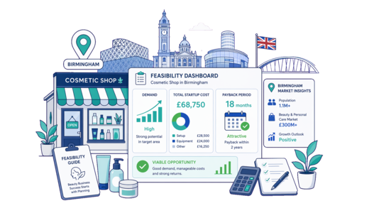Cosmetic / Beauty Shop planning illustration for Birmingham with a map pin and feasibility dashboard