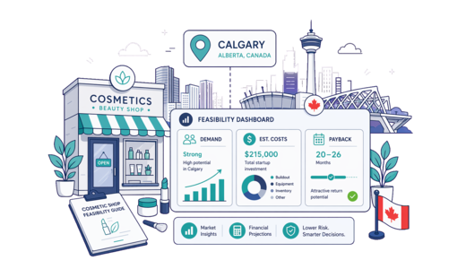 Cosmetic / Beauty Shop planning illustration for Calgary with a map pin and feasibility dashboard