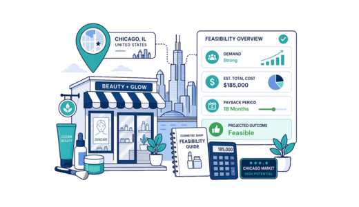 Cosmetic / Beauty Shop planning illustration for Chicago with a map pin and feasibility dashboard