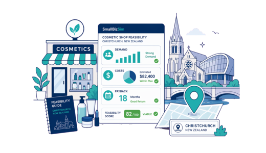 Cosmetic / Beauty Shop planning illustration for Christchurch with a map pin and feasibility dashboard