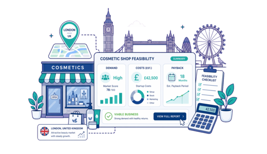 Cosmetic / Beauty Shop planning illustration for London with a map pin and feasibility dashboard