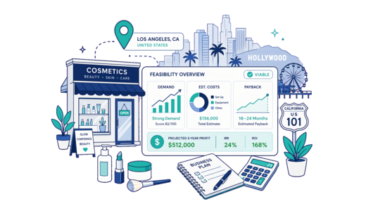 Cosmetic / Beauty Shop planning illustration for Los Angeles with a map pin and feasibility dashboard
