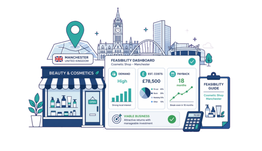 Cosmetic / Beauty Shop planning illustration for Manchester with a map pin and feasibility dashboard