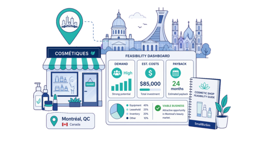 Cosmetic / Beauty Shop planning illustration for Montreal with a map pin and feasibility dashboard
