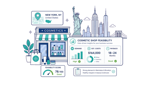 Cosmetic / Beauty Shop planning illustration for New York with a map pin and feasibility dashboard