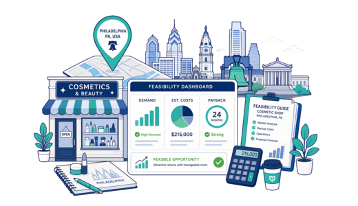Cosmetic / Beauty Shop planning illustration for Philadelphia with a map pin and feasibility dashboard