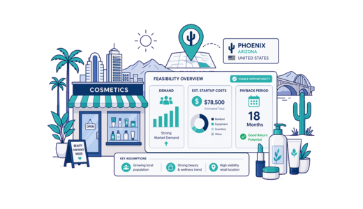 Cosmetic / Beauty Shop planning illustration for Phoenix with a map pin and feasibility dashboard