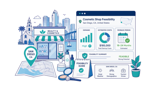 Cosmetic / Beauty Shop planning illustration for San Diego with a map pin and feasibility dashboard