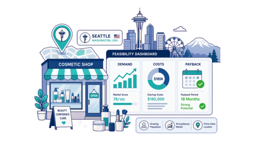 Cosmetic / Beauty Shop planning illustration for Seattle with a map pin and feasibility dashboard