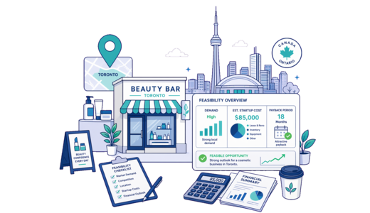 Cosmetic / Beauty Shop planning illustration for Toronto with a map pin and feasibility dashboard