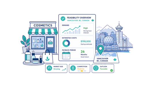Cosmetic / Beauty Shop planning illustration for Vancouver with a map pin and feasibility dashboard