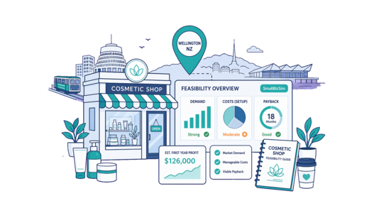 Cosmetic / Beauty Shop planning illustration for Wellington with a map pin and feasibility dashboard
