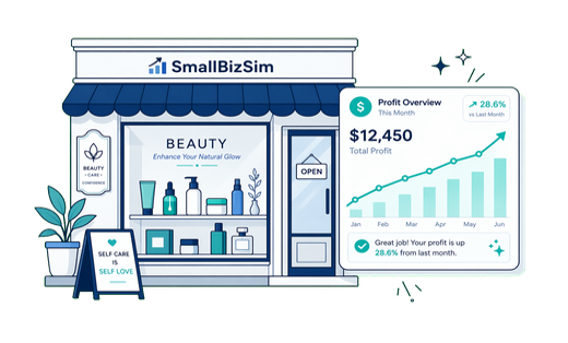 Cosmetic shop shelves and advice counter with testers, swatches and a stock margin card