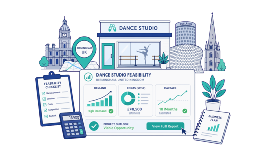 Dance Studio planning illustration for Birmingham with a map pin and feasibility dashboard