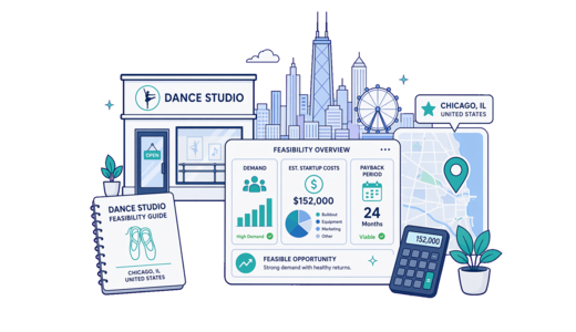 Dance Studio planning illustration for Chicago with a map pin and feasibility dashboard