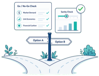 A signpost at a fork in the road beside a small chart and a check, showing a go or no-go decision