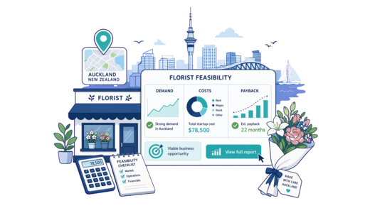 Florist planning illustration for Auckland with a map pin and feasibility dashboard