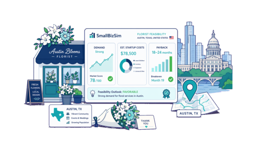 Florist planning illustration for Austin with a map pin and feasibility dashboard